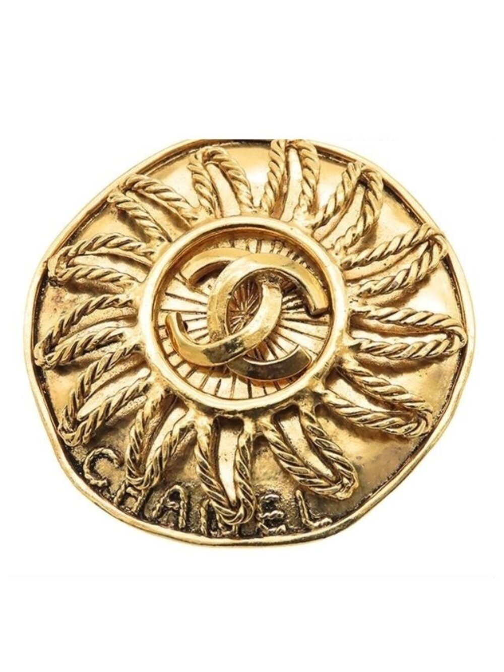 Chanel Pin Brooch Gold Metal CC Logo Sun Motif Vintage